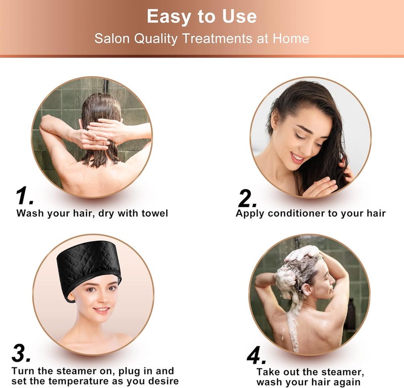 ingeware Heat Cap for Deep Conditioning, Thermal Cap for Hair Steamer Cap for Natural Hair Portable Electric Heat Hair Spa Cap for Home Use Pattern (Solid Black) - Image 3